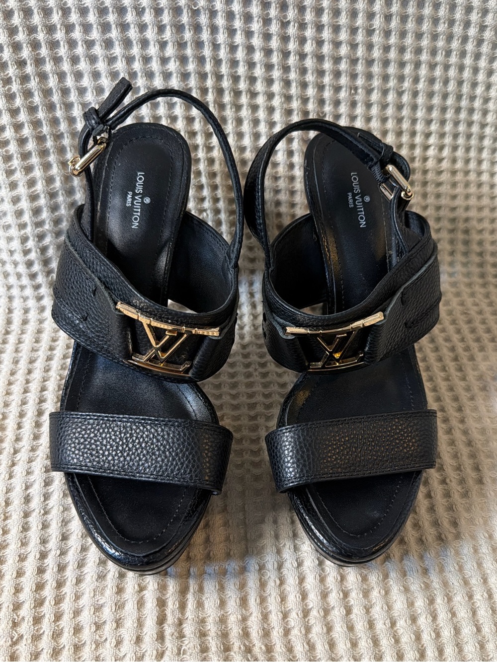 Louis Vuitton Horizon Platform Sandals Black Leather LV Logo Heels 38 US 7.5 - 8